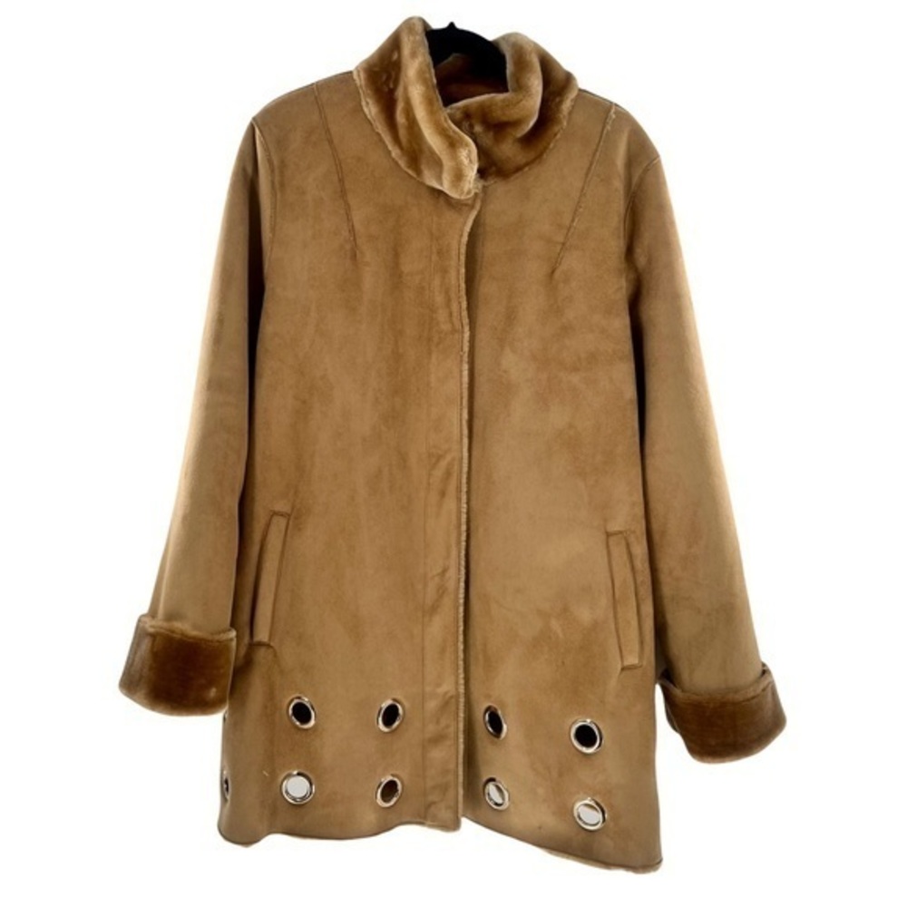 Dennis Basso Faux Fur Coat Tan Gold Gromets Fur Trim & Hem Women’s Size Large